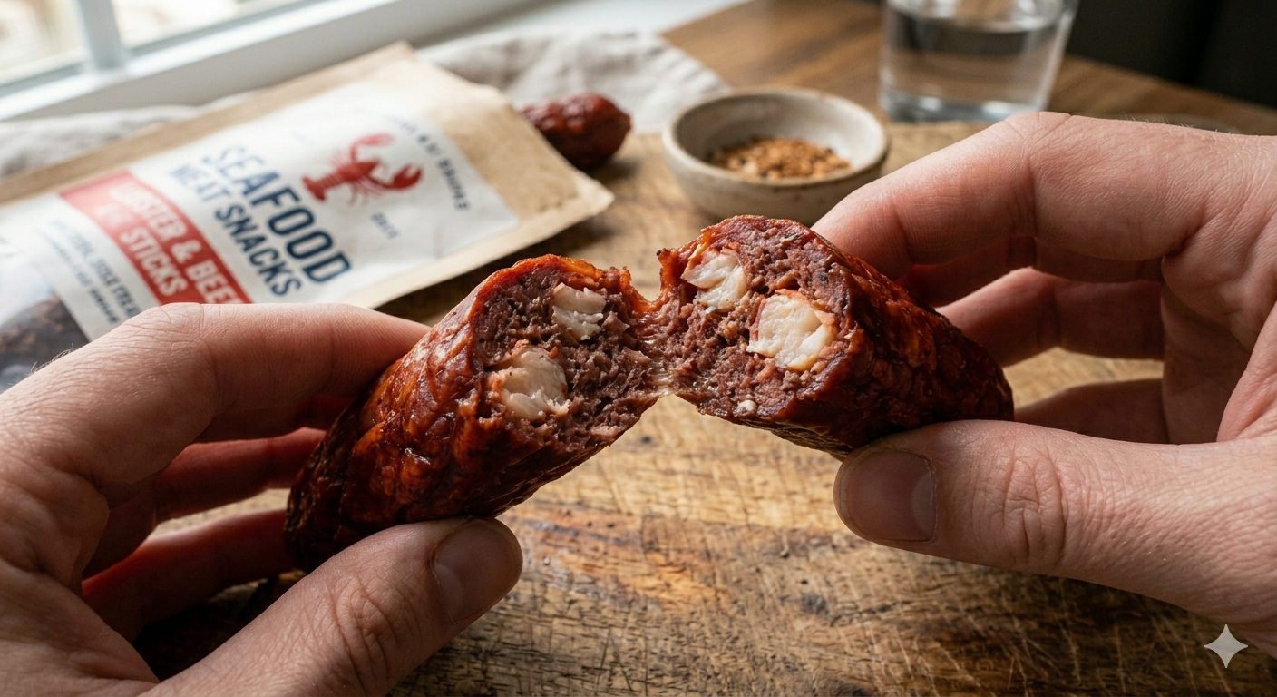 Inside a HOMARUS Lobster Meat Stick — real lobster chunks visible